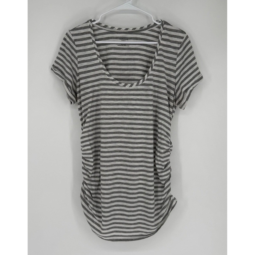 Motherhood Maternity Shirt XL Gray White Striped Ruched Stretch Lightweight Cozy